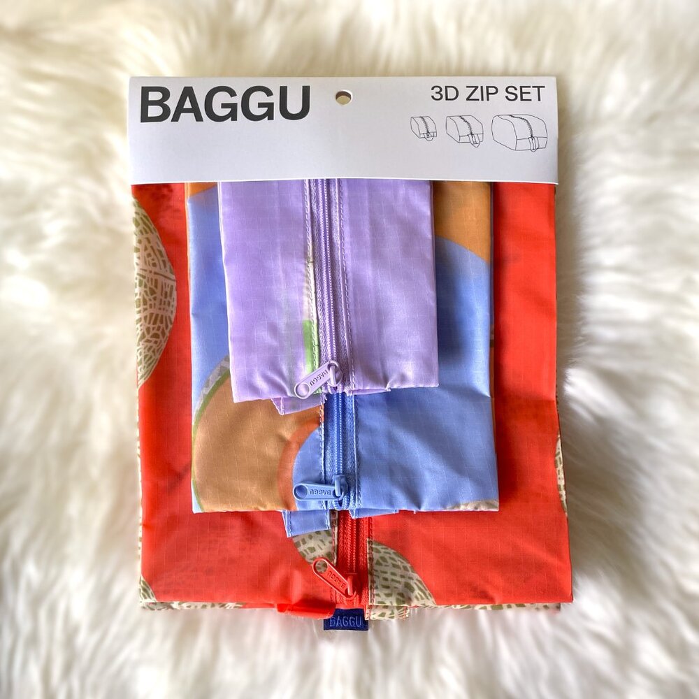 NWT Baggu 3D Zip Set - Japanese Produce (Cantaloupe Blue, Daikon Pink, Yubari) - Picture 2 of 7